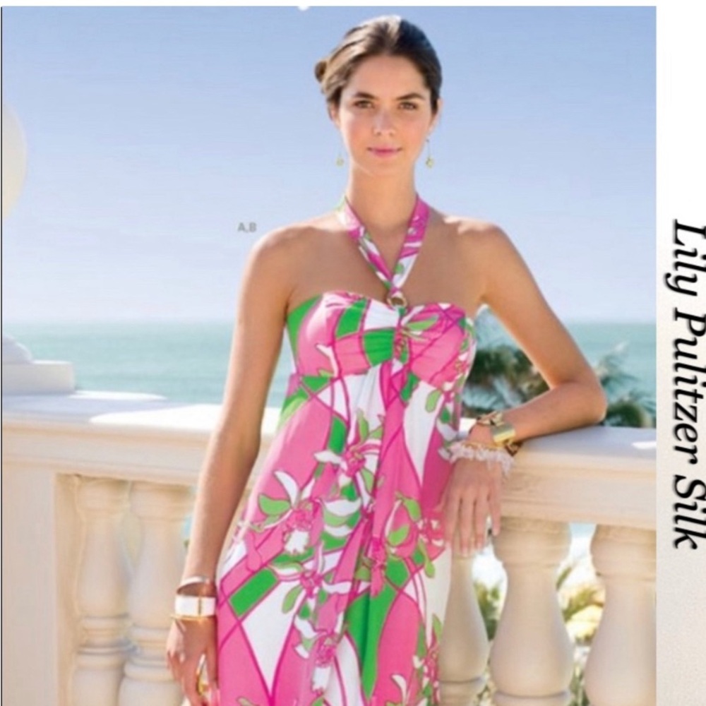 Lilly Pulitzer Silk Chiffon Halter Maxi Dress Pink, white, green floral. S 8